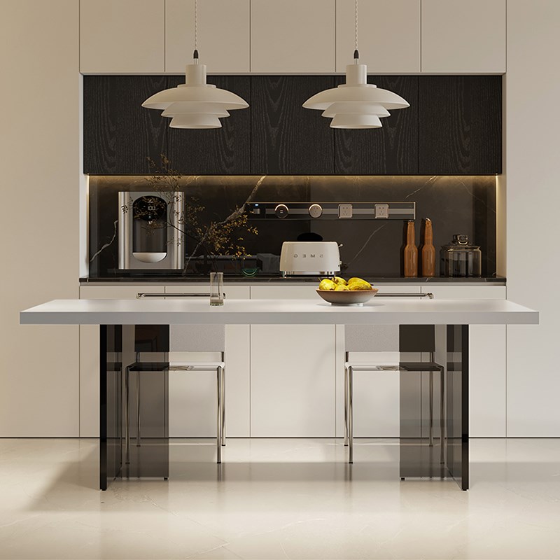 现代简约悬浮白色下挂岩板亚克力餐桌椅组合小户型长方形家用网红