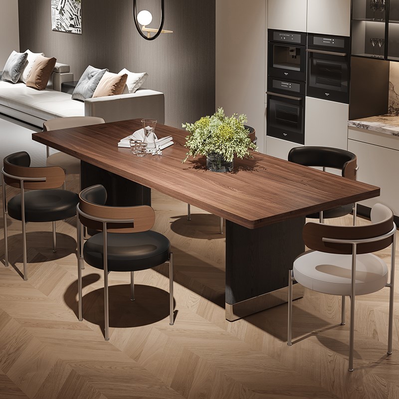 中古风黑胡桃实木加厚餐桌椅组合大板桌长方形复古简约现代茶桌