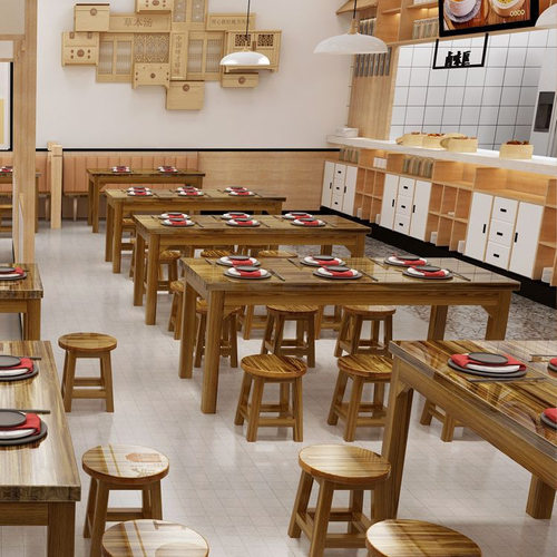 实木餐桌椅饭店组合早餐小吃店面馆快餐桌椅烧烤店餐馆碳化桌椅