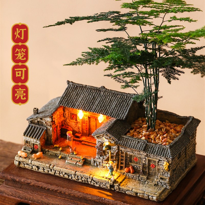 农家小院中式摆件复古建筑模型茶桌桌面茶室家居装饰客栈农家乐