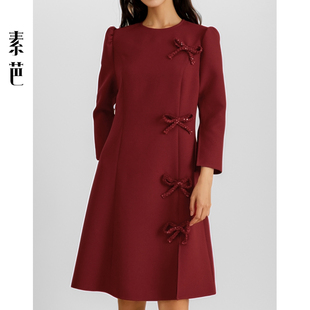 百搭休闲长裙SF0893 圆领时尚 素芭立体蝴蝶结收腰连衣裙女春季 经典