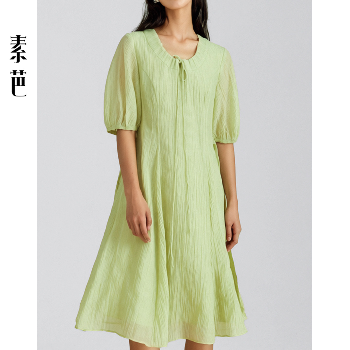 素芭灵动系带短袖连衣裙女夏季肌理感时尚灯笼袖时尚中长裙SF0979