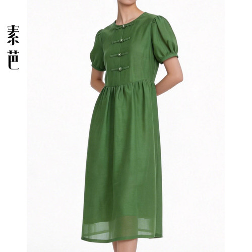 素芭新中式一字盘扣连衣裙