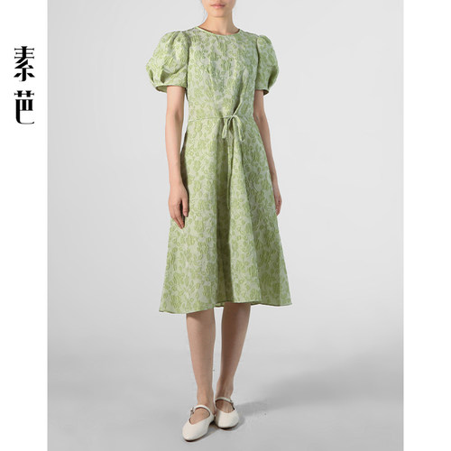 素芭复古泡泡袖提花连衣裙女