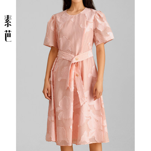 素芭浪漫提花系带连衣裙
