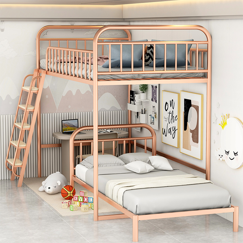 高架床覆式二楼床省空间铁艺上床下桌单上层错层高低床步梯阁楼床
