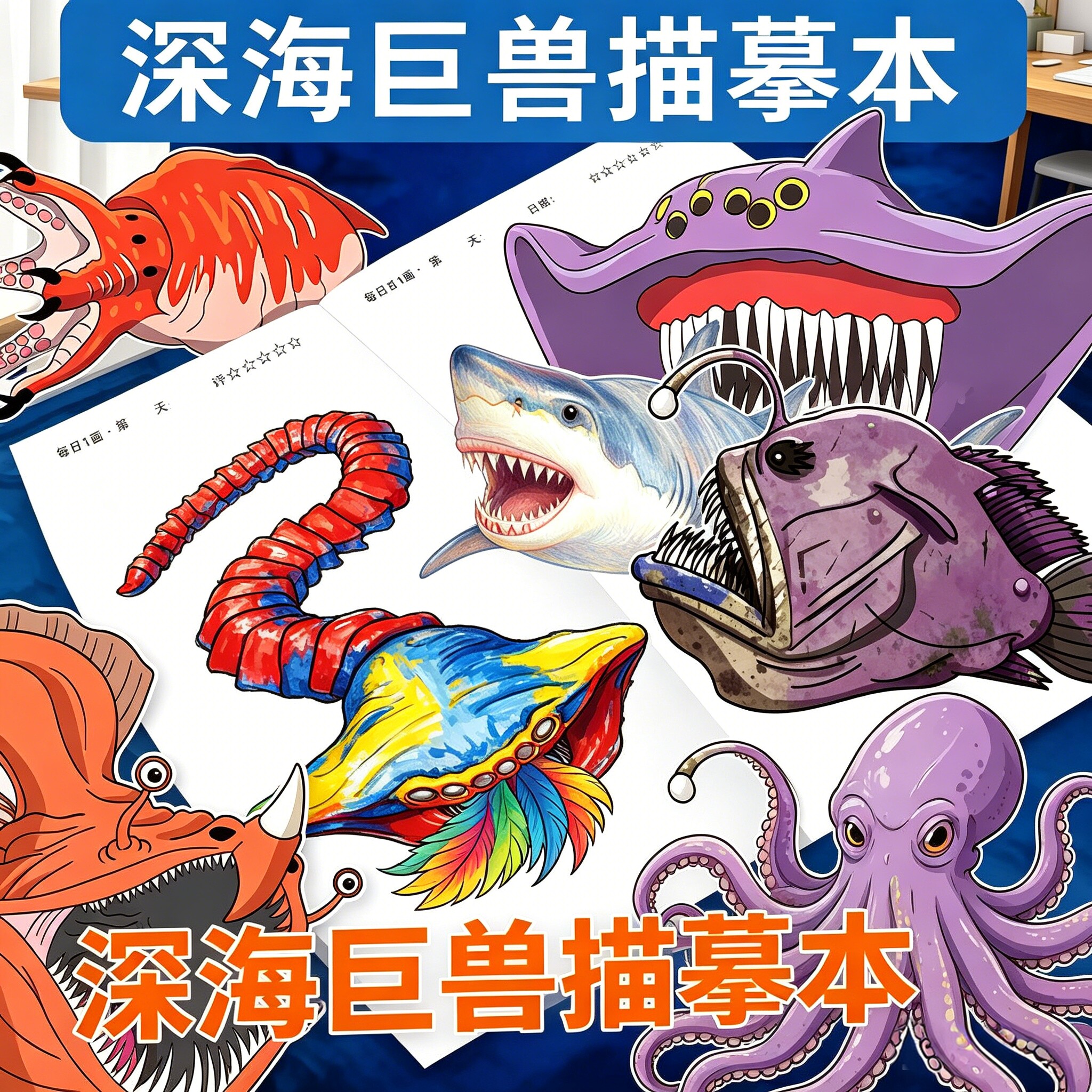 深海巨兽描摹本食海者格兰玛雅利维坦海怪益智画画本儿童涂色绘画图片