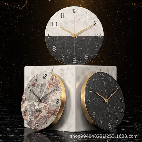 简约大理石纹理金属客厅圆形挂钟墙上艺术装饰品摆件静音创意钟表
