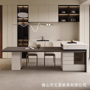 轻奢餐桌岛台一体家用级感厨房餐厅岩板中岛台餐桌椅组合 甄选意式