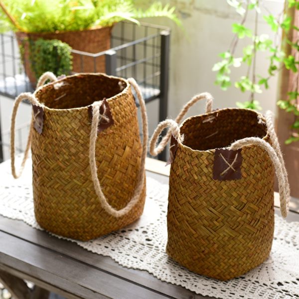 甄选田园草编花篮花盆 干花篮手工编织收纳篮子 藤编竹编客厅装饰