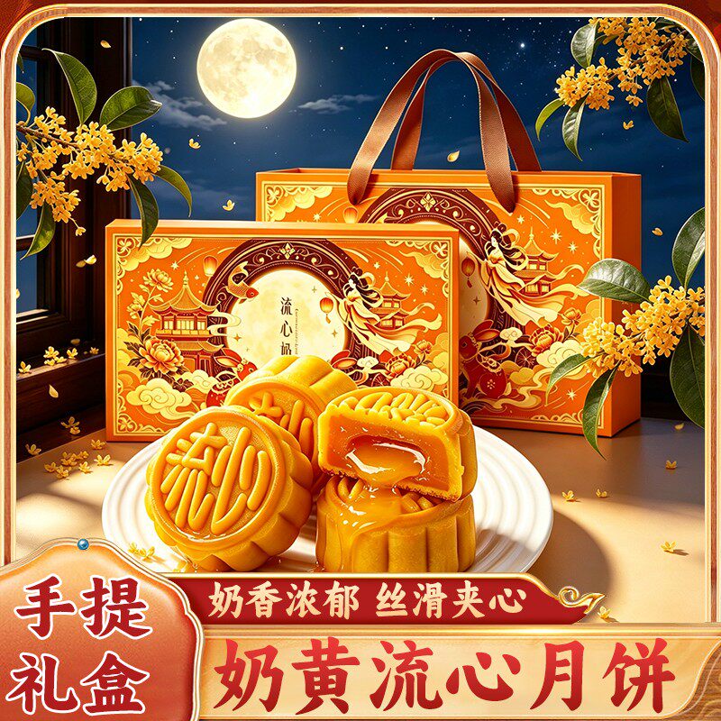流心奶黄港式流心月饼手工糕点传统小零食精选中秋送礼手提礼盒