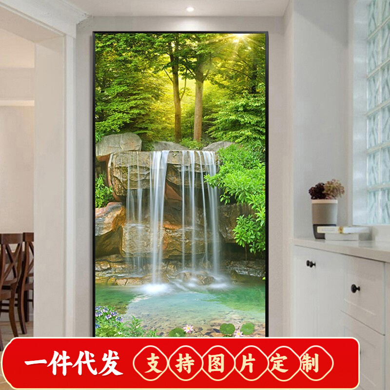5d钻石画满钻新款客厅走廊玄关流水生财山水风景贴钻十字绣钻石绣