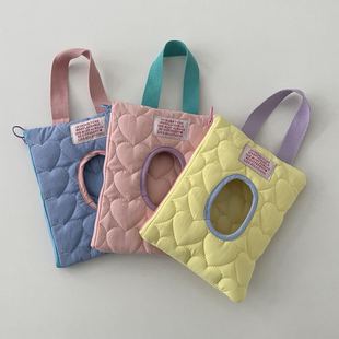 韩国ins宝宝外出推车挂包拉链翻盖湿巾盒纸巾盒纯棉爱心绗缝便携