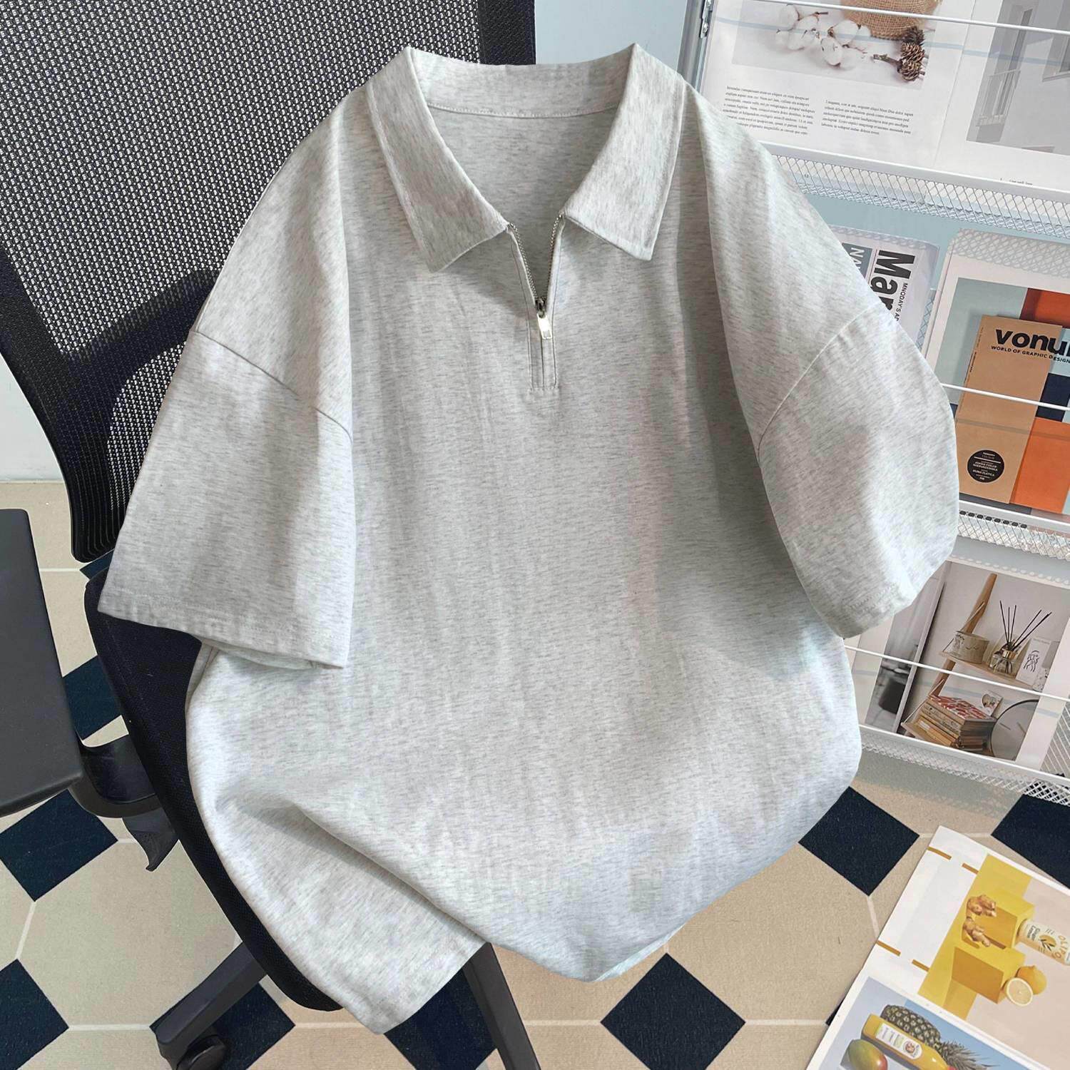 重磅美式纯棉polo衫半拉链短袖T恤男女款夏季宽松ins潮牌潮流上衣