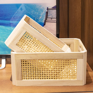 金柳桌面藤编筐收纳杂物整理箱办公室抽屉式收纳盒大号实木收纳筐