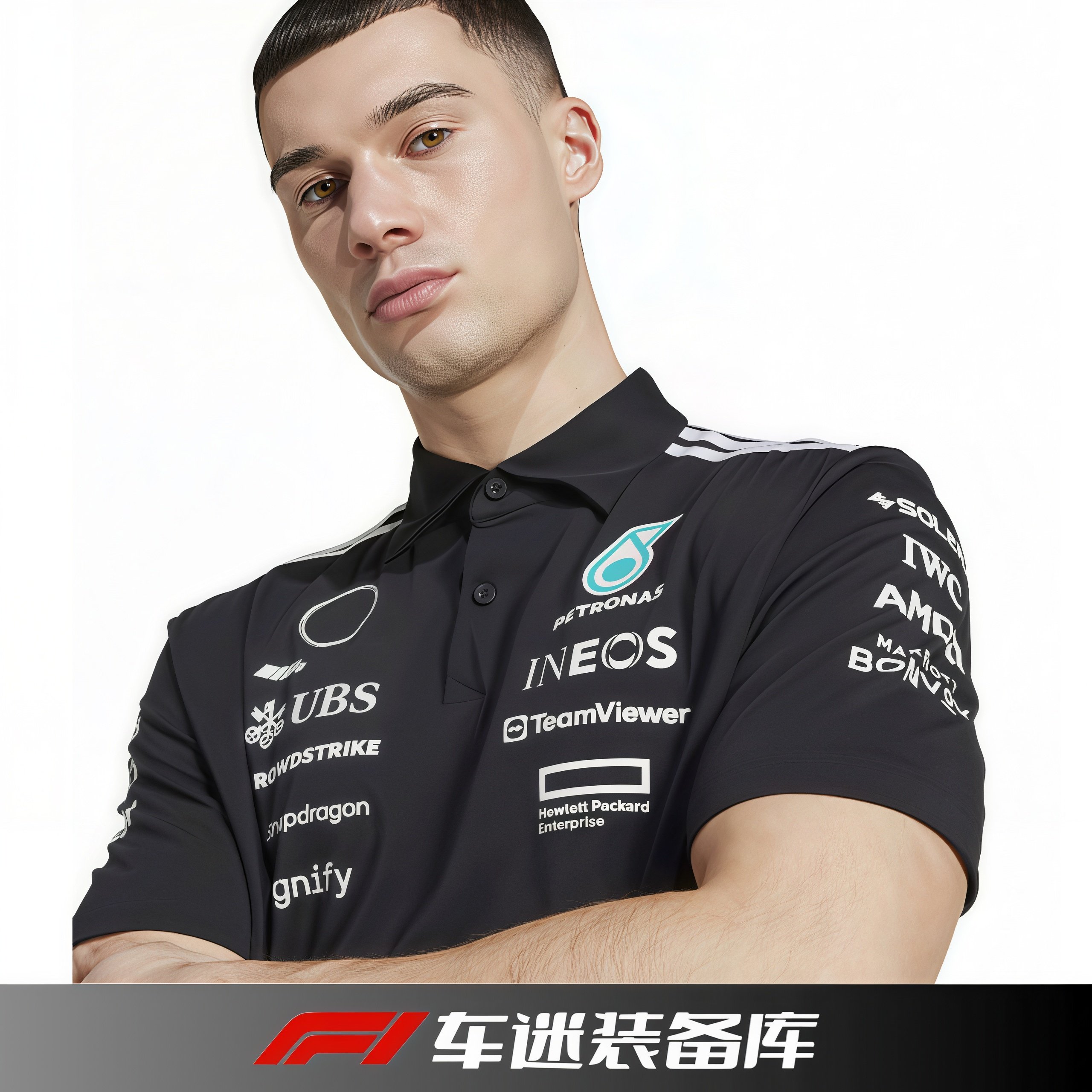 F1梅赛德斯奔驰AMG车队队服黑色polo衫短袖T恤f1周边文化衫可定制