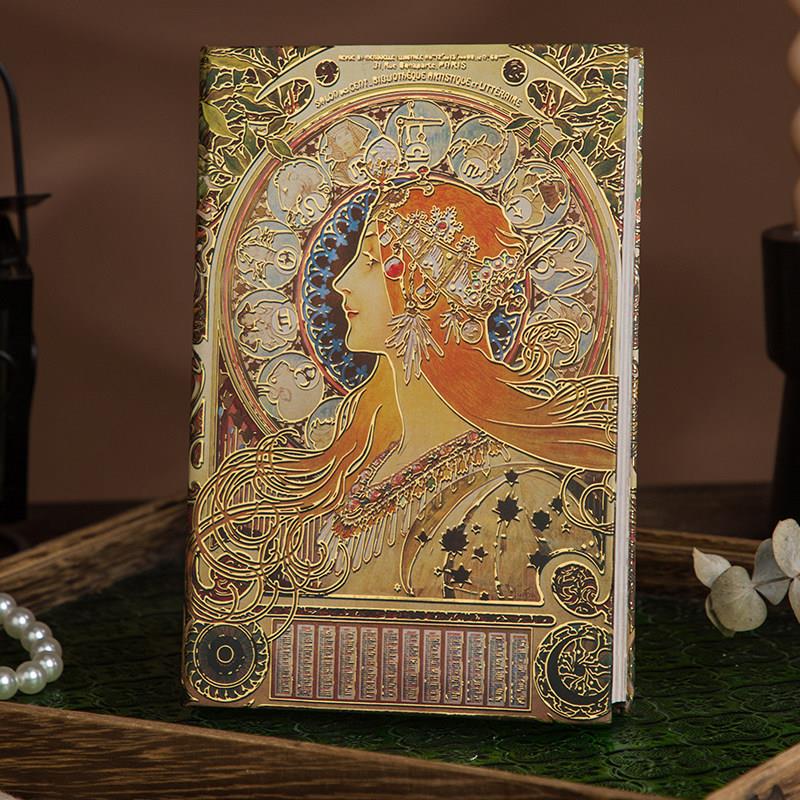 复古北欧慕夏少女精致插画手账本立体烫金全彩文艺加厚日记笔记本