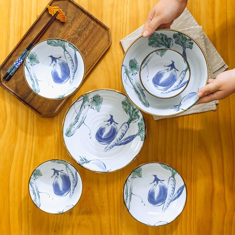 日本进口釉下彩陶瓷米饭碗汤碗家用餐具面碗水墨风手绘蔬菜餐盘子