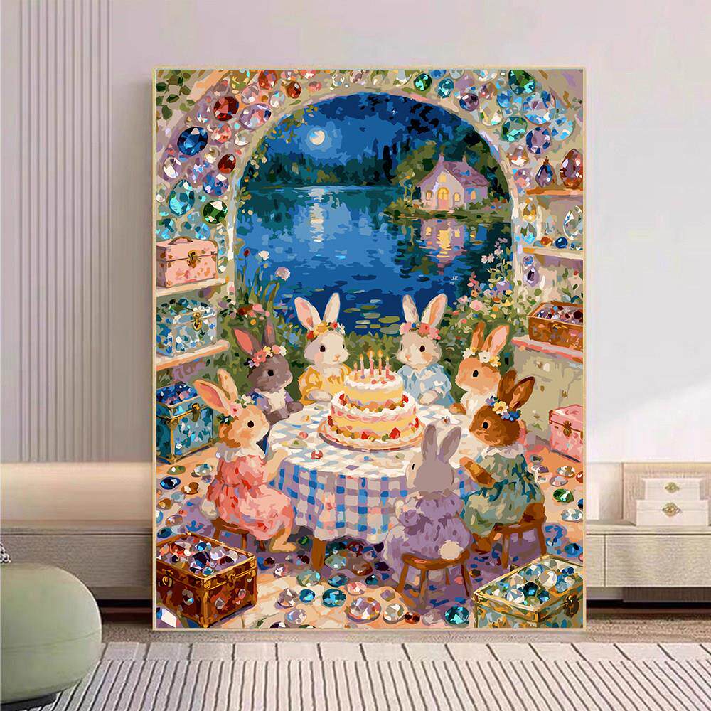 宝藏湾 数字油画diy兔兔生日趴肌理画填充油画高难度装饰画数字画