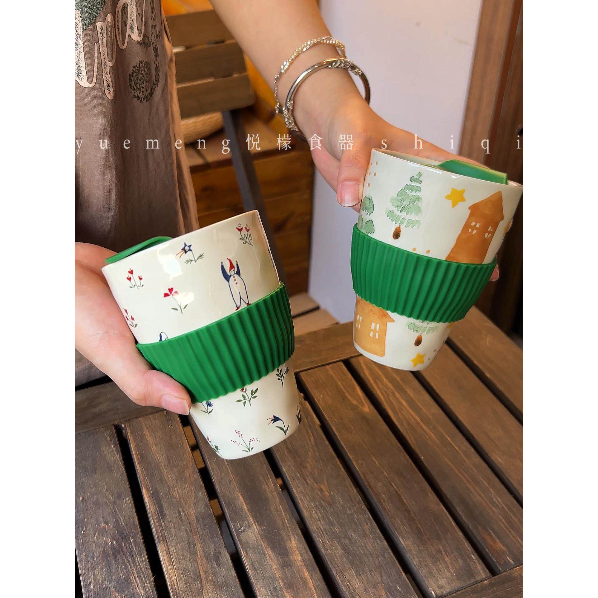 悦檬食器房子和树韩式带盖手握杯马克杯水杯随手杯防烫耐高温杯子