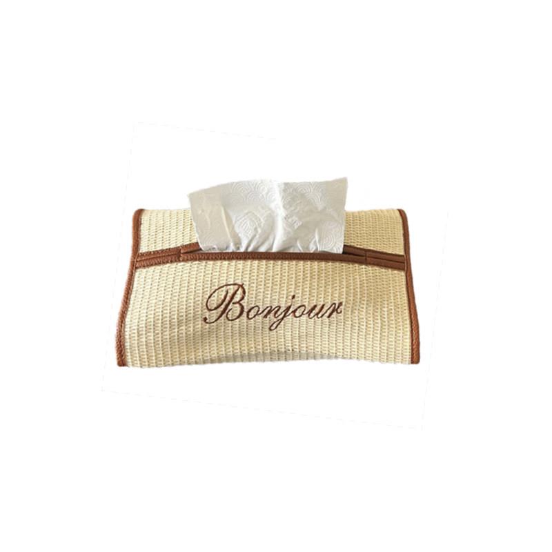 SilentWind寂风“Bonjour"草编撞色皮革抽纸套家用桌面茶几纸巾袋