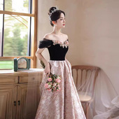 时尚 一字肩晚礼服裙女2025新款 宴会气质法式 优雅气质主持人演出服