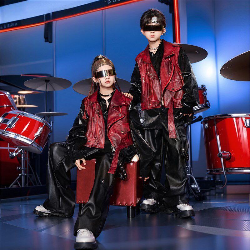 街舞儿童潮服嘻哈男童hiphop机车皮衣舞台表演服少儿Y架子鼓演出