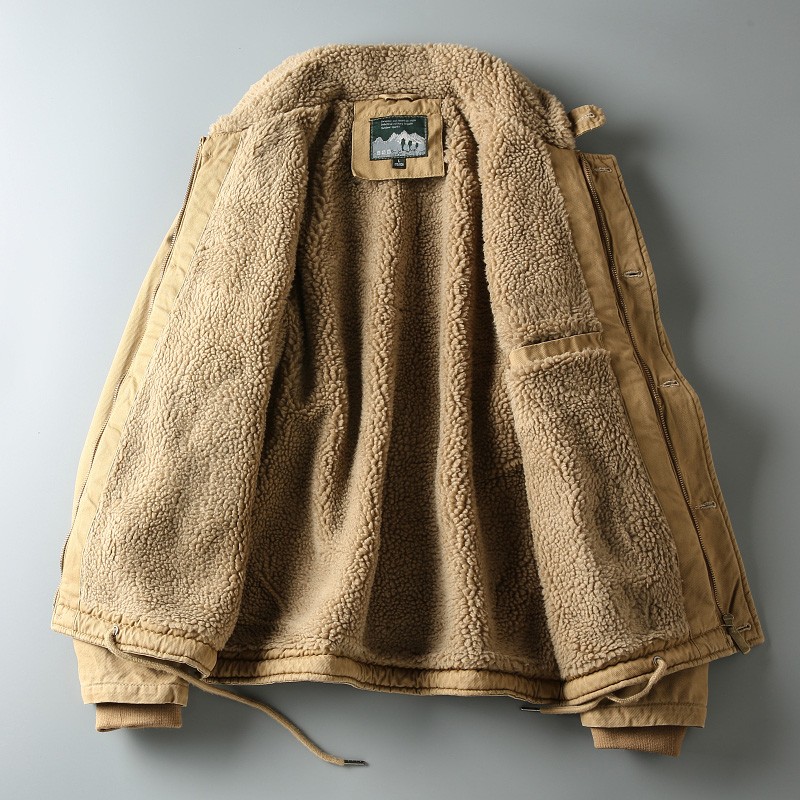 冬季新款 美式复l古休闲男士羊羔绒加绒加厚保暖翻领棉衣棉服外套