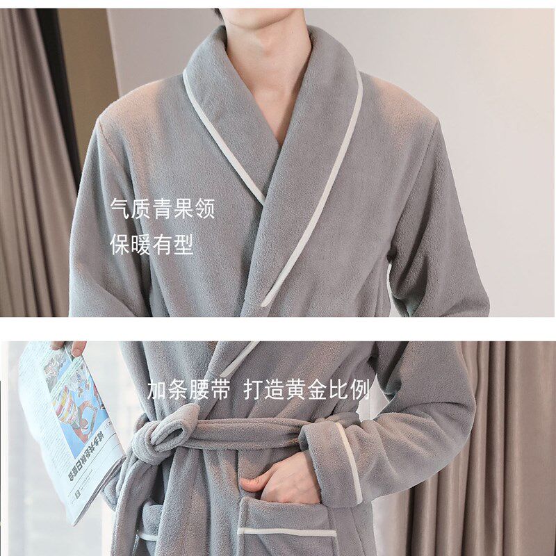 秋冬季睡袍男士加厚加p绒珊瑚绒睡衣保暖颗粒绒加长款浴袍简约大