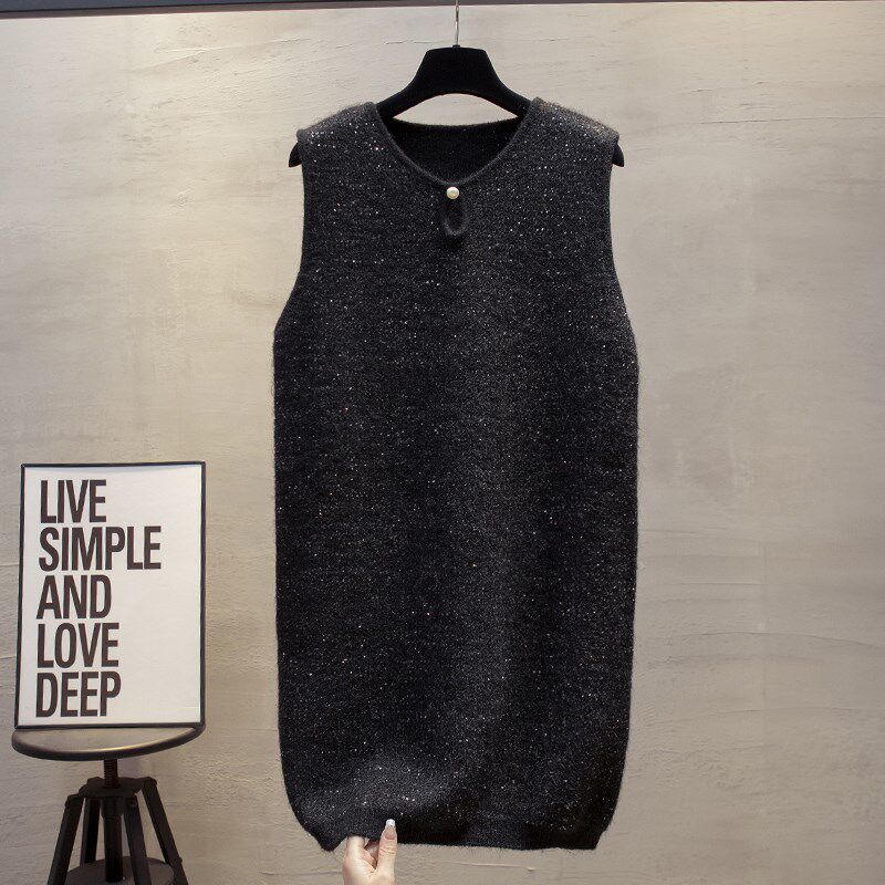 长款亮片b圆领针织马甲背心裙女2025春秋新款外穿马夹叠穿毛衣坎