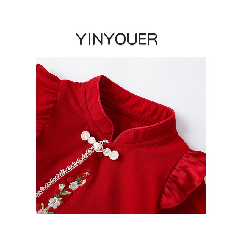 新中式婴儿衣服秋装百天女宝宝连体衣新年拜年P服外出红色周岁礼