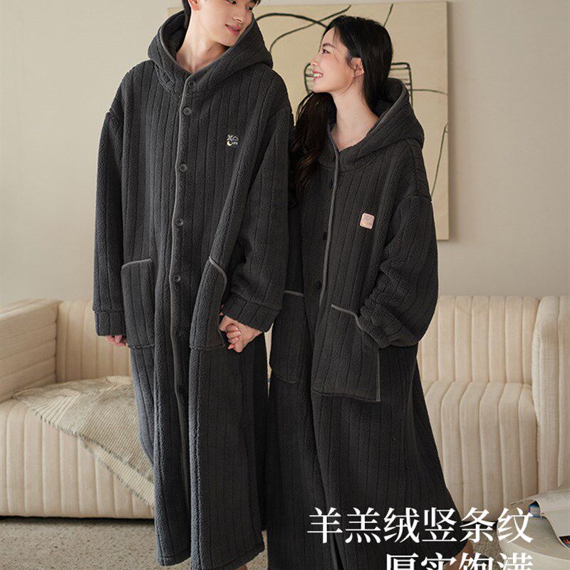 轩靓【抗静电】彷羊羔绒s情侣连帽睡袍女冬季加厚睡衣可外穿男浴