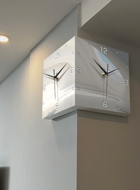 抽象简约客厅双面拐角挂钟创意转角时钟壁画灯leTd免打孔阳角钟表