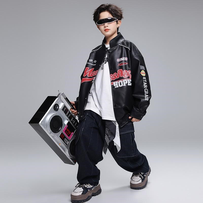 街舞儿童潮服男童l酷帅机车皮夹克架子鼓服女孩爵士舞走秀表演出