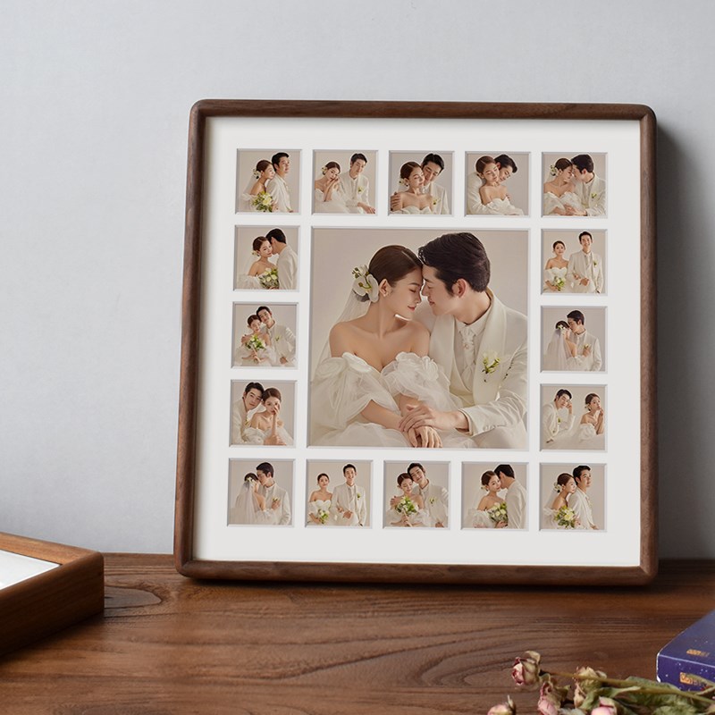 九宫格实木榫卯h相框30*30婚纱情侣摆台相框定制打印冲印加洗照片