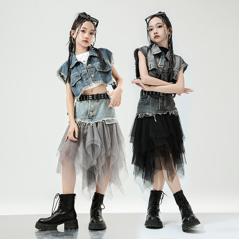 女童爵士舞演出服时髦个q性牛仔拼接纱裙半身裙模特走秀jazz套装