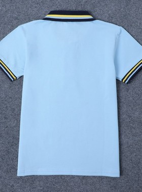 夏装儿童校服短袖POLOs衫男女童浅蓝色黄条纹领半袖T恤小学生班服