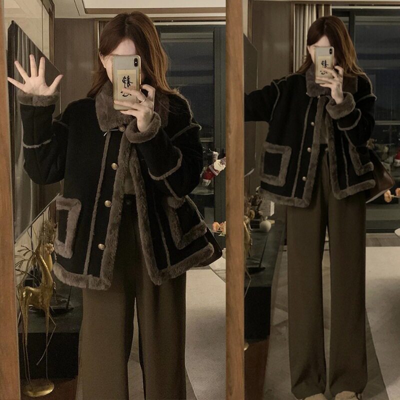 黑色短款皮毛一体羊羔毛外套女冬季新款复古时尚加厚设计感棉服