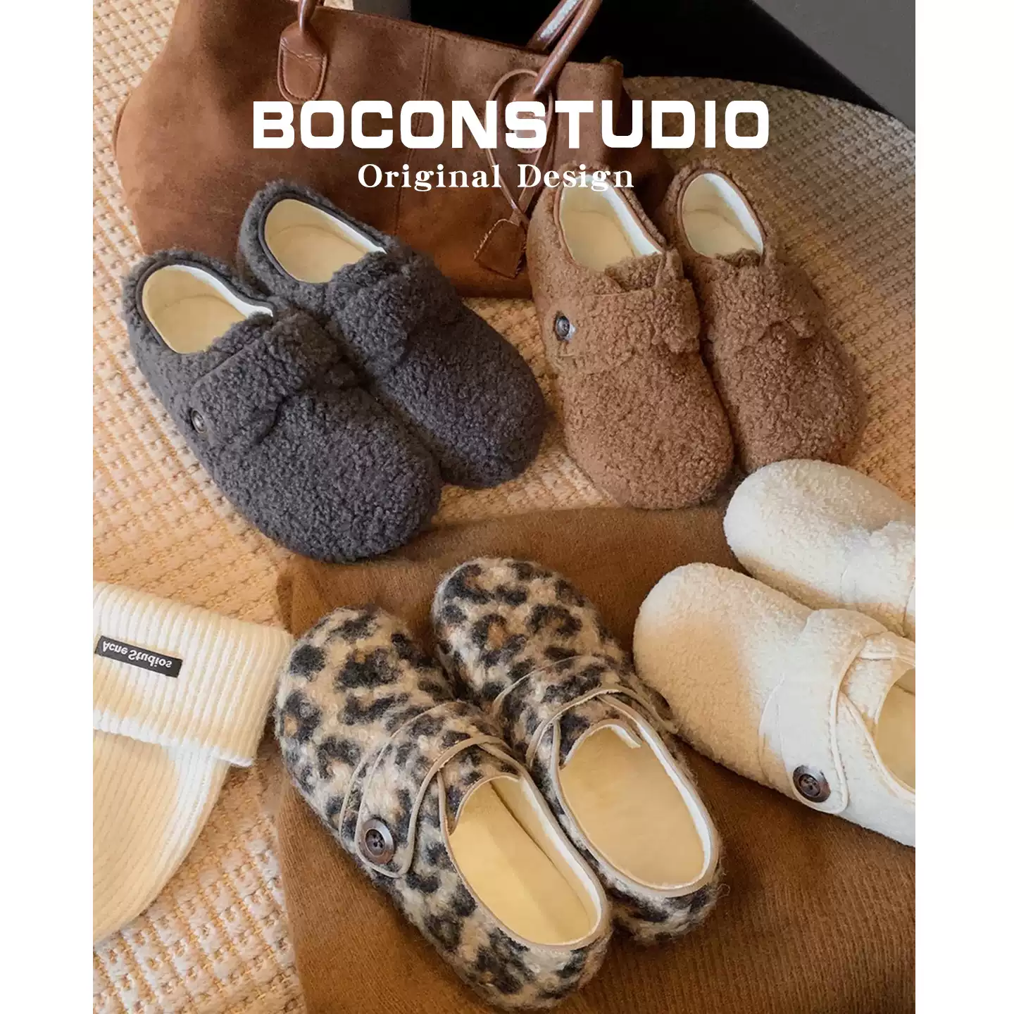 豹纹勃肯鞋加绒全包毛毛鞋女秋冬复古百搭纽扣保暖棉鞋魔术贴单鞋