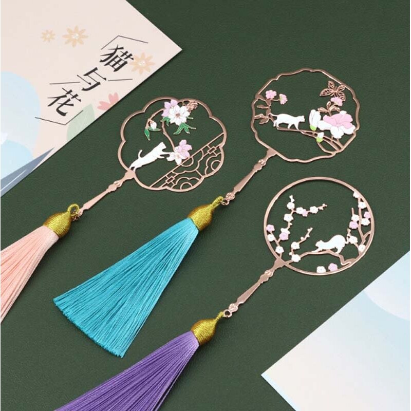 猫与花彩扇金属艺术书签古风文创团扇流苏送师友礼品故宫风文创