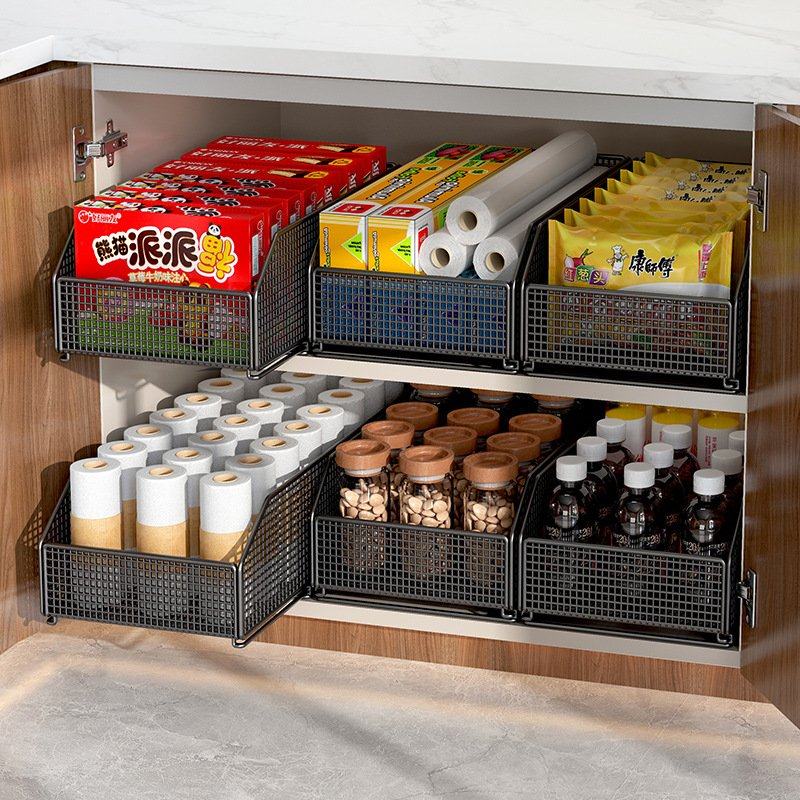 厨房柜内泡面收纳架抽屉式可抽拉碗碟储物架大容量保鲜膜锅铲支架,收纳整理,橱柜收纳筐,淘宝优惠券,粉丝福利购,淘宝优惠卷