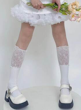 春季少女日系甜美网袜蕾丝拼接木耳边中筒袜堆堆袜蕾丝花边棉袜