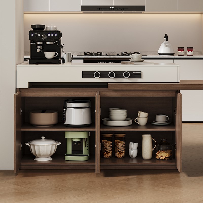 高端中古风岩板岛台餐桌一体家用可伸缩开放式厨房小户型旋转吧台