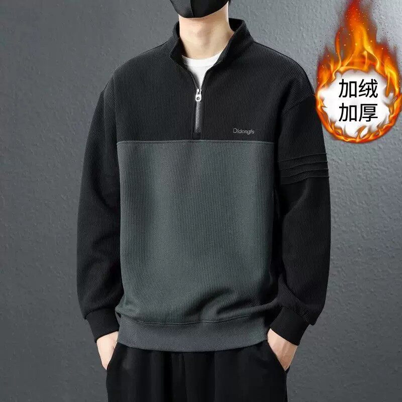秋冬新款加绒半拉链拼色男士卫衣