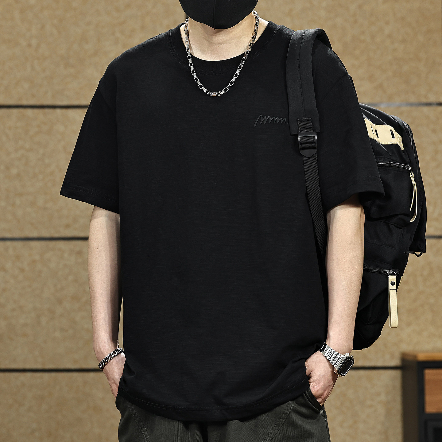 美式竹节纯棉刺绣短袖T恤男士夏季新款宽松大码纯色半袖上衣男款