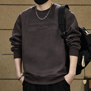 美式复古水洗钢印压花卫衣男2025秋季新款潮牌宽松男士长袖打底衫