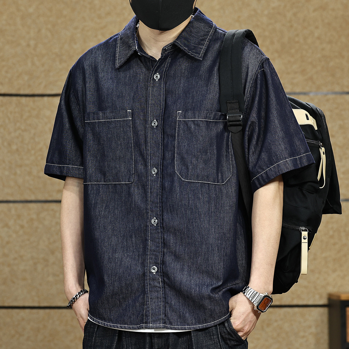 美式复古天丝短袖牛仔衬衫男士夏季宽松休闲衬衣男款凉感工装外套