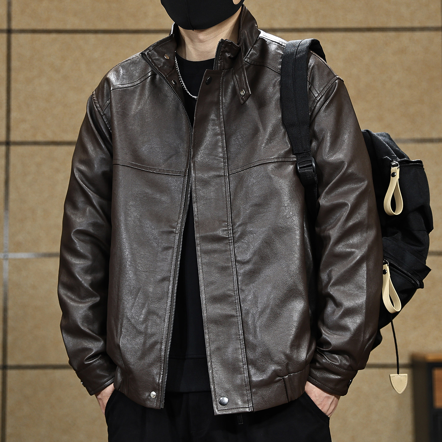 复古机车皮衣外套男宽松工装夹克