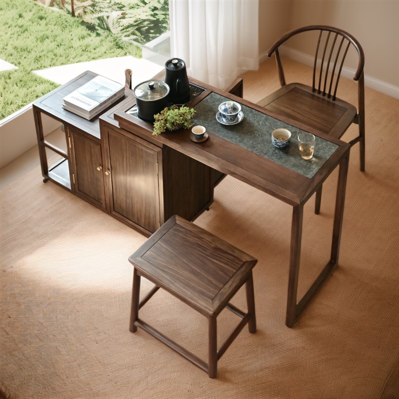 可旋转茶桌小茶车柜乌金木实木可移动泡茶台阳台家用桌椅组合茶几