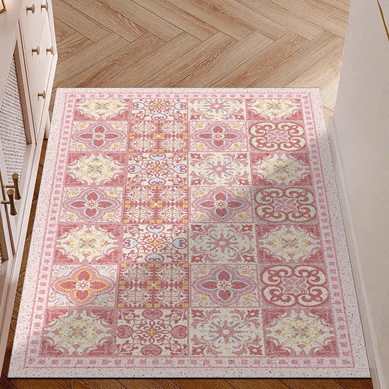 入户地垫佩斯利粉色花砖进门口地毯法式家用丝圈门垫玄关换鞋脚垫